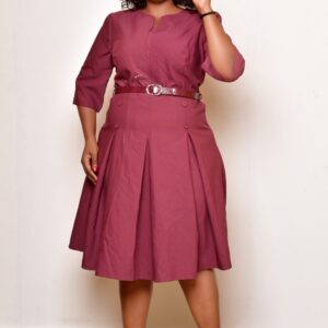 Elegant Wine Red Midi Dress – Belted & Pleated