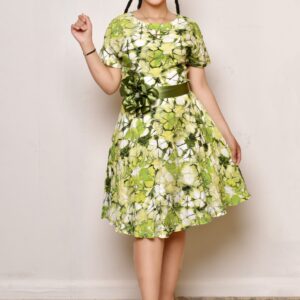 Elegant Floral Print A-Line Dress – Green & White | Stylish African Fashion