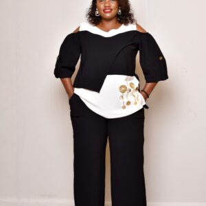 Elegant Black & White Women's Pantsuit – Chic Cold-Shoulder Design | Office & Casual Wear