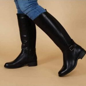 Black Faux Leather Buckle Knee High Boots