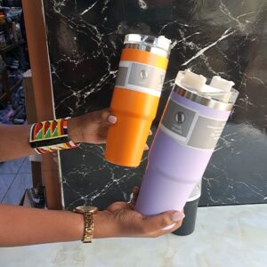 810 ml Portable Vacuum Insulated Travel Cup with Straw – Purple, Black & Orange